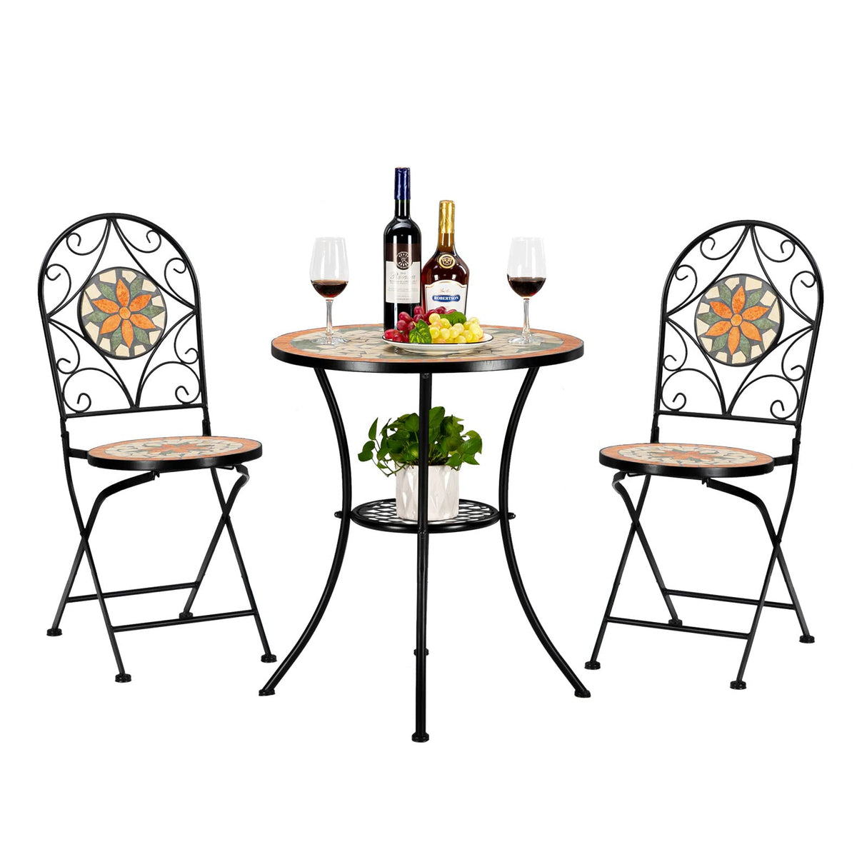 3 Pieces Garden Patio Mosaic Table, Outdoor Bistro Set with Folding Chairs