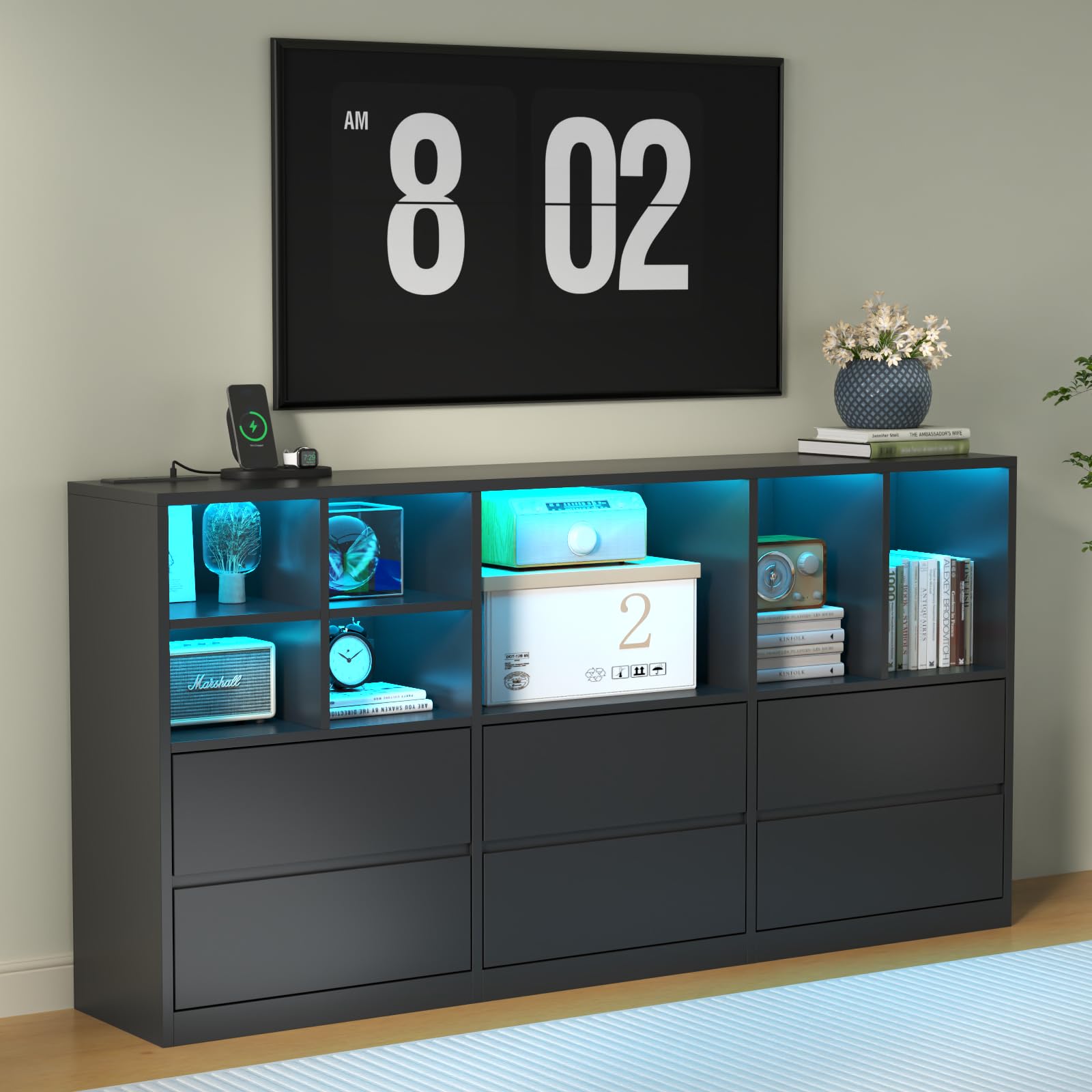 6 Drawers Dresser with 7 Storage Cubbies, LED Chest of Drawers