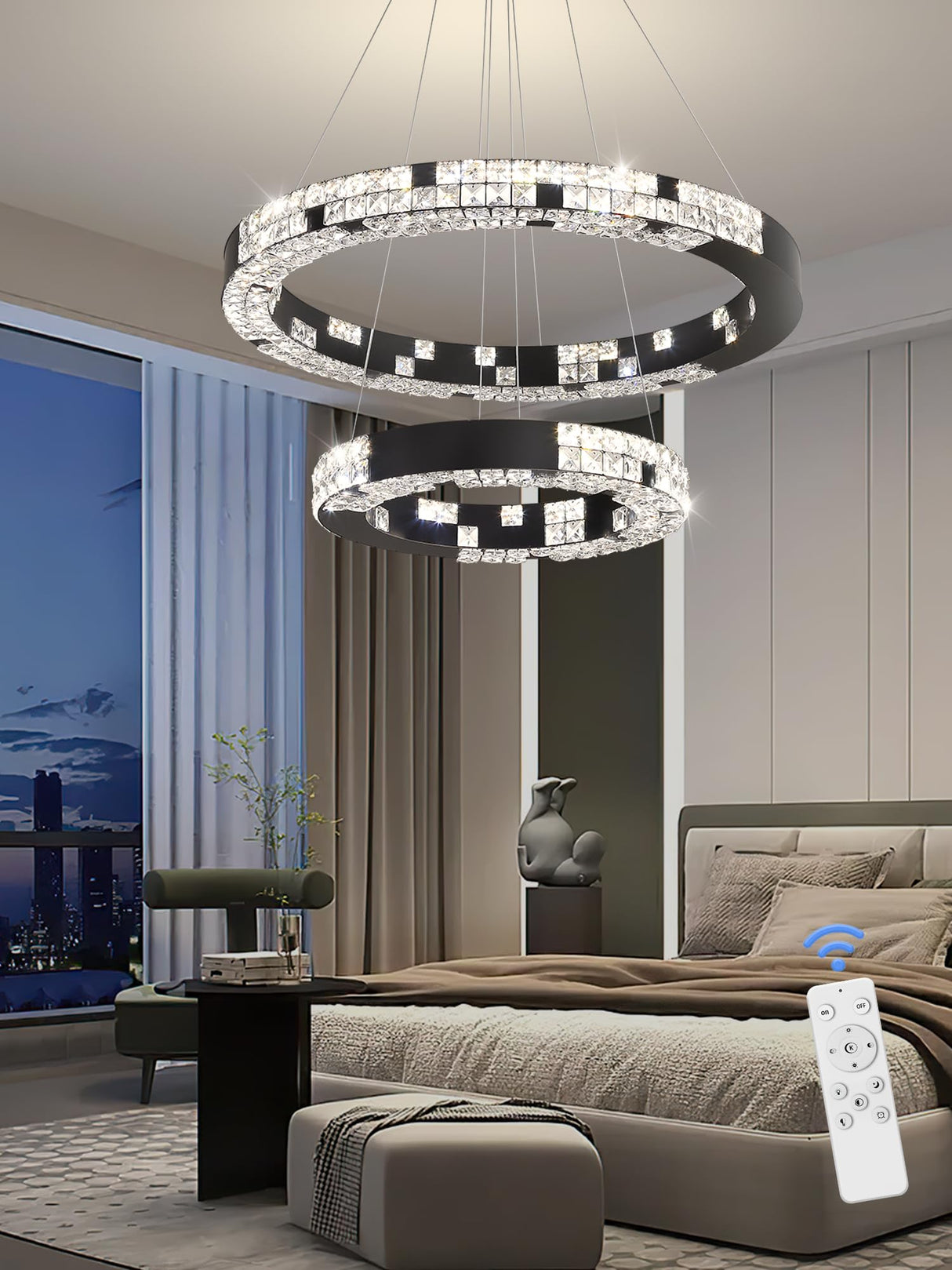 Modern Chandelier Black 2 Ring Crystal Chandeliers for Living Room High Ceiling Chandelier