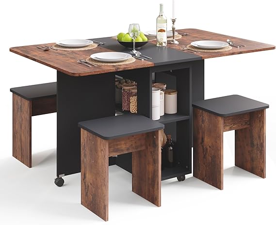 5-Piece Folding Dining Set with Storage & Wheels