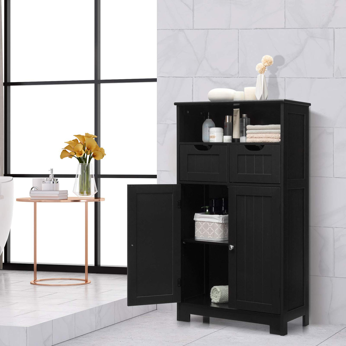Bathroom Floor Cabinet, Storage Cabinet w/Open Shelf