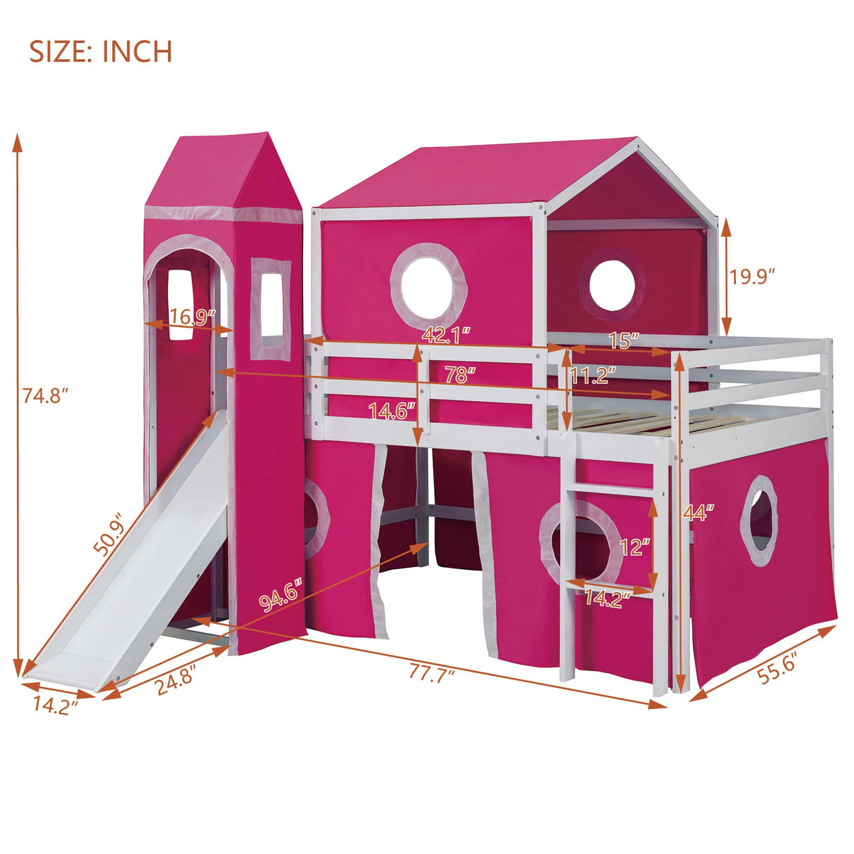 Loft Bed with Slide and Curtains, Full Over Full Floor Bunk Bed with House Shape Tent