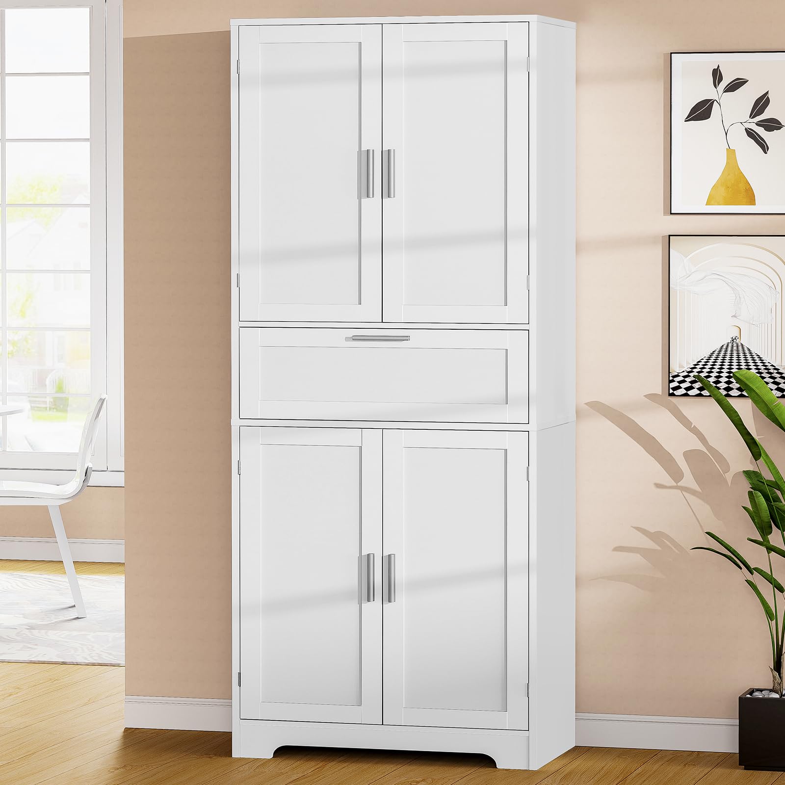 H Tall Storage Cabinet, Pantry Cabinet with 1 Large Drawer & 2 Adjustable Shelves,Tall Cabinet, Freestanding Cupboard