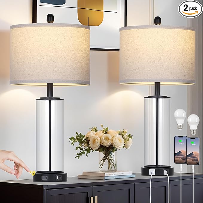 26" Black Glass Table Lamps Set of 2, 3-Way Dimmable Touch Control Living Room Lamp