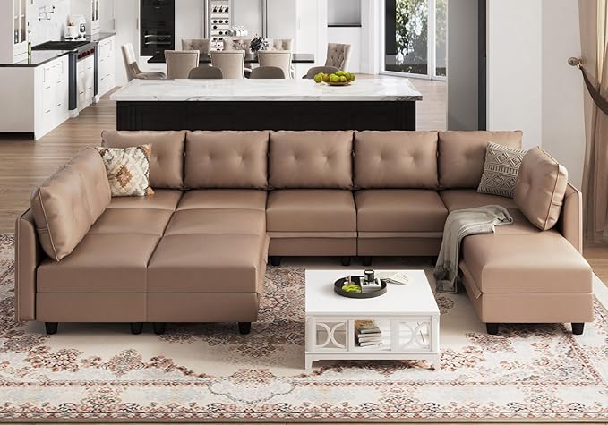 Modular U-Shaped Cognac Sectional Sofa with Storage