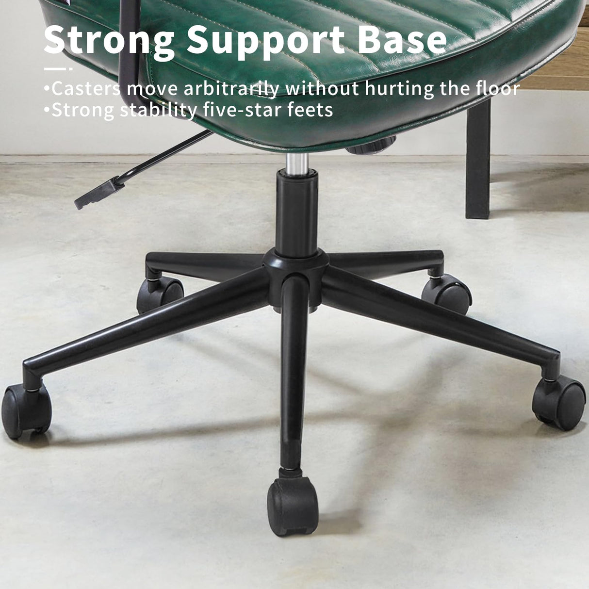 Mid-Century Green Leather Office Chair with Wheels and Arms