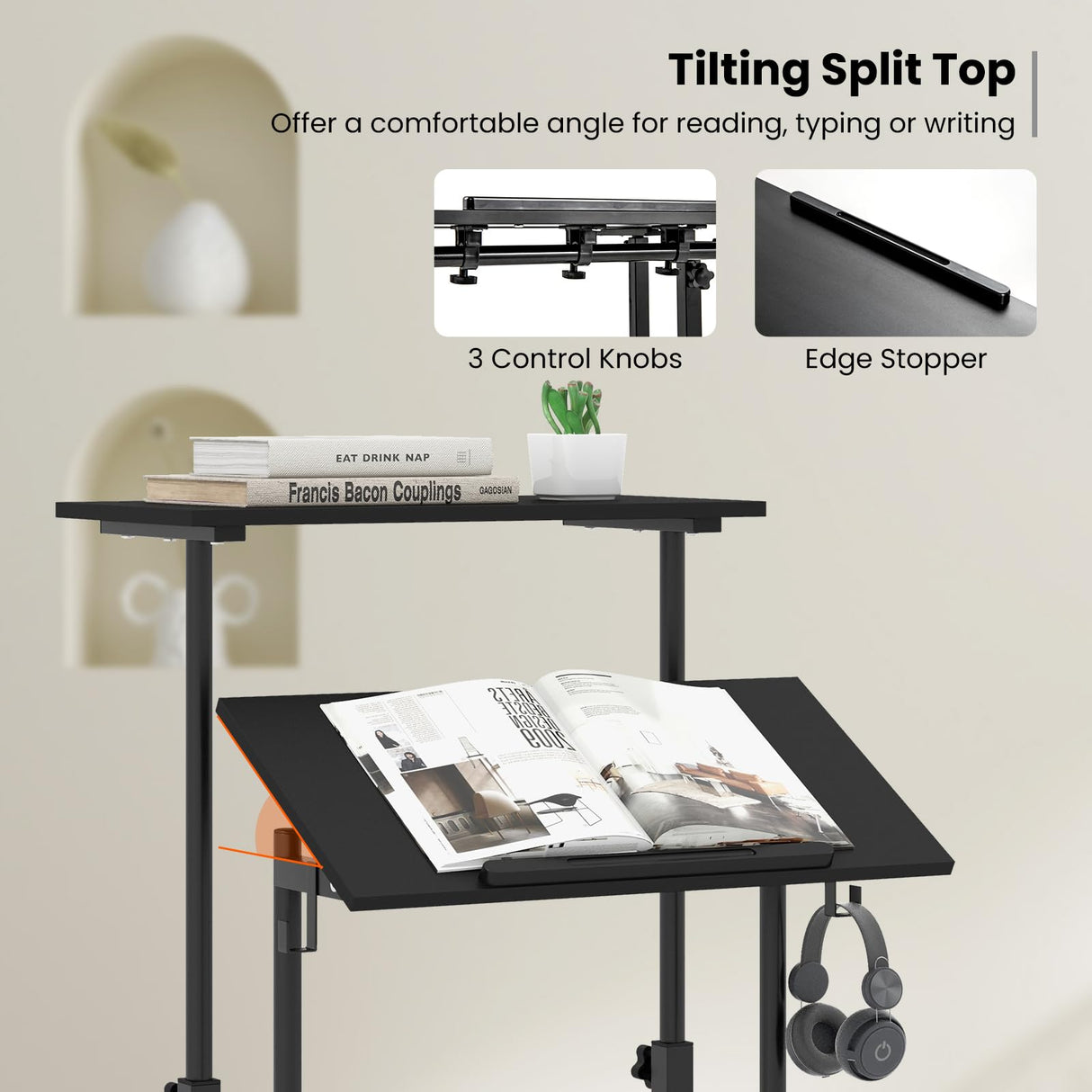 Mobile Standing Desk, Height-Adjustable Laptop Podium Cart with Tilting Tabletop & Adjustable Angle, Rolling Stand Up Computer Desk with 2 Hanging Hooks & Lockable Casters for Home Office