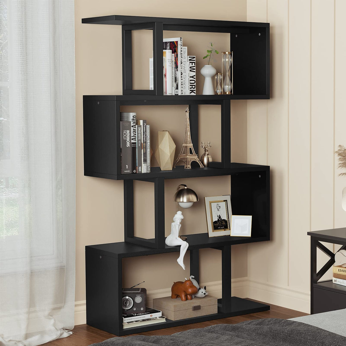 5-Tier Bookshelf, S-Shaped Z-Shelf Bookshelves and Bookcase, Modern Freestanding Multifunctional Decorative Storage Shelving for Living Room Home Office, Black