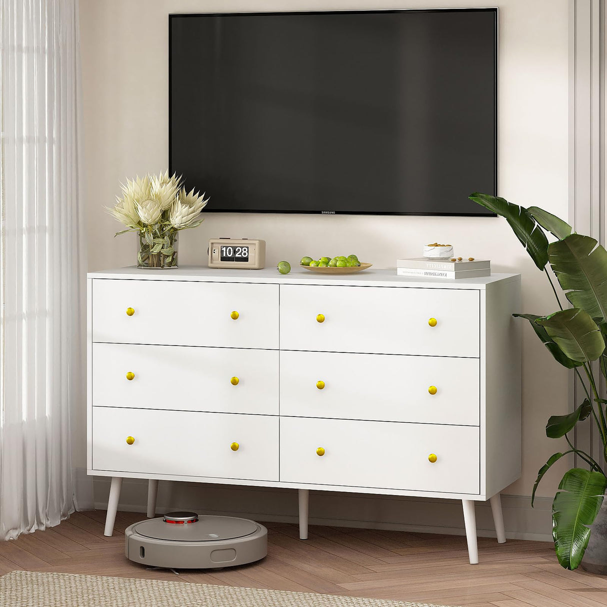 White Dresser for Bedroom, Double Wood Dresser with Gold Handles