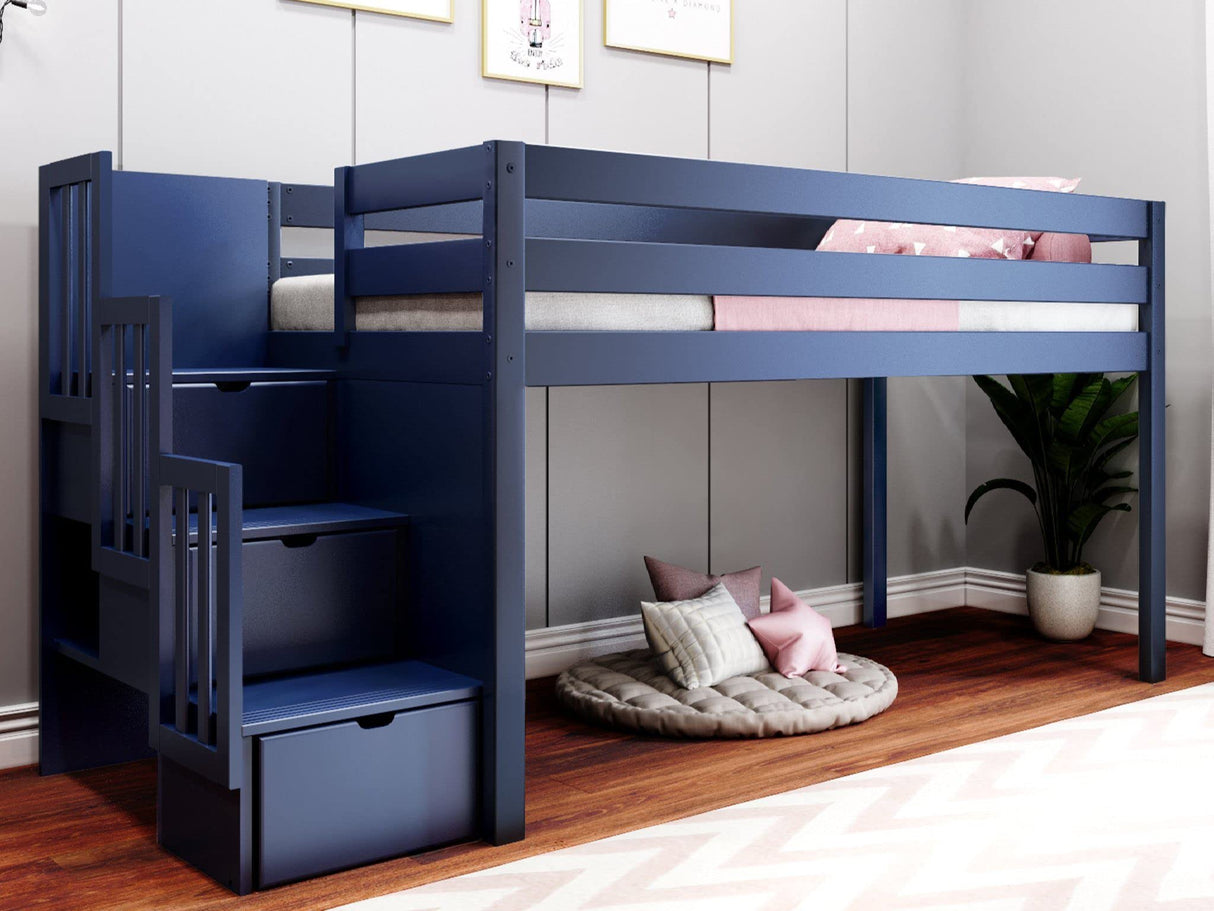 Contemporary Low Loft Twin Bed with a 3 Drawer Stairway, Blue with Blue & White Tent