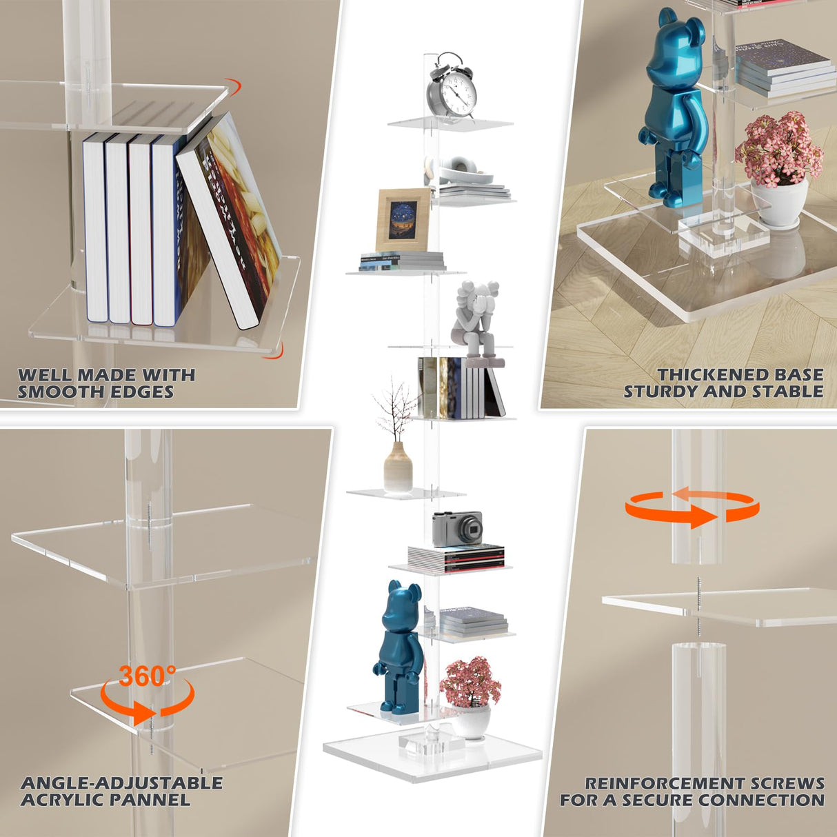 9 Tier Acrylic Bookshelf Invisible Bookshelf, Height Adjustable Vertical Spine Book Tower, Floor Standing Bookcase Display Shelf for Books,Decor, DIY Open Bookcase for Living Room, Office