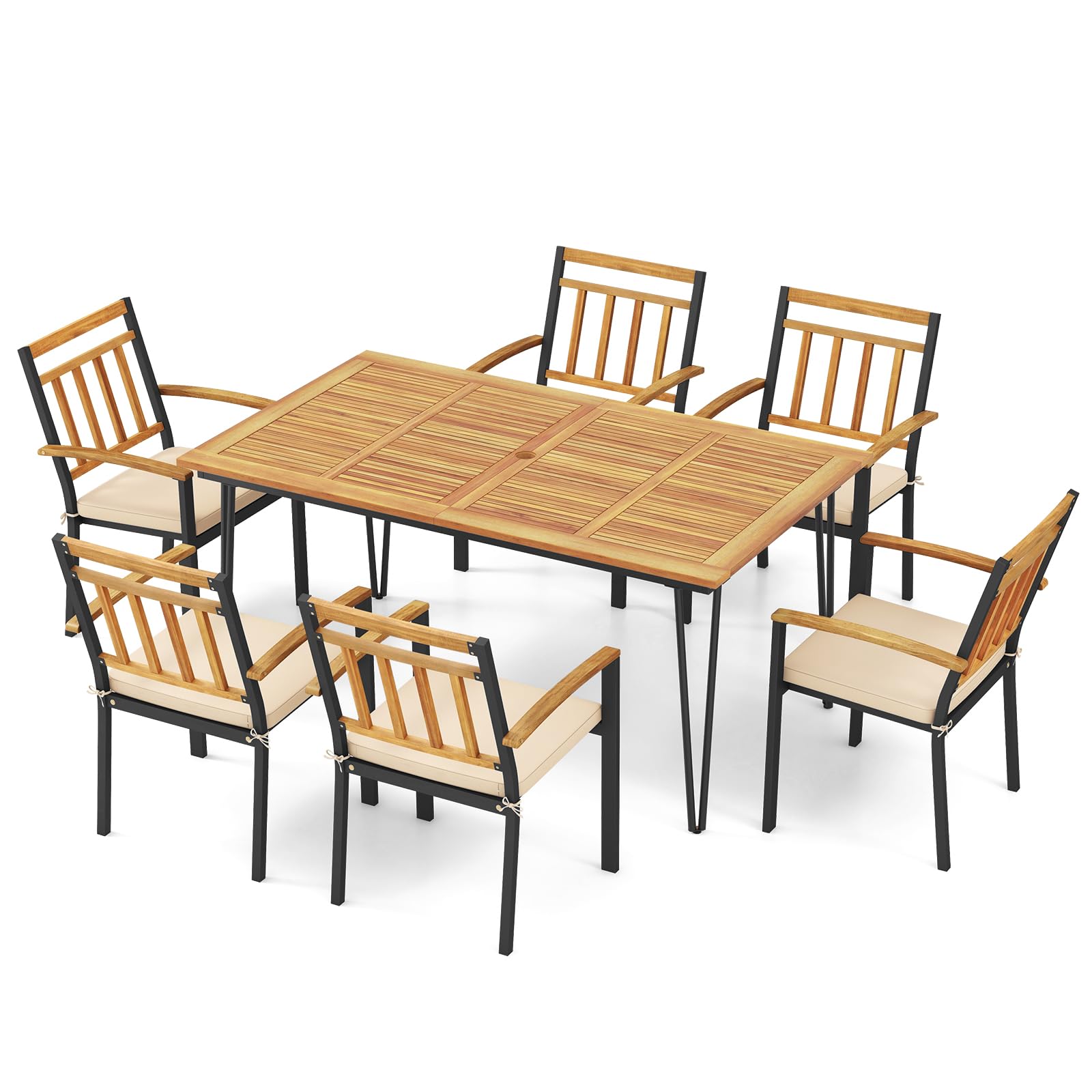 7 Pieces Patio Dining Set with Acacia Wood Dining Table & Armchairs, Soft Cushions, 2”