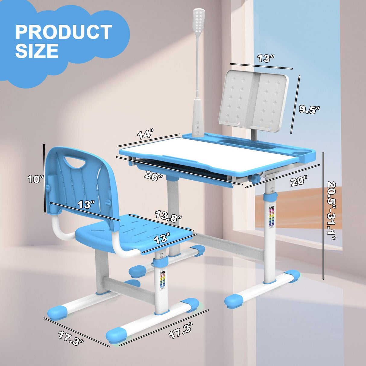 Kids Desk and Chair Set with Light, Height Adjustable School Desk for Kids