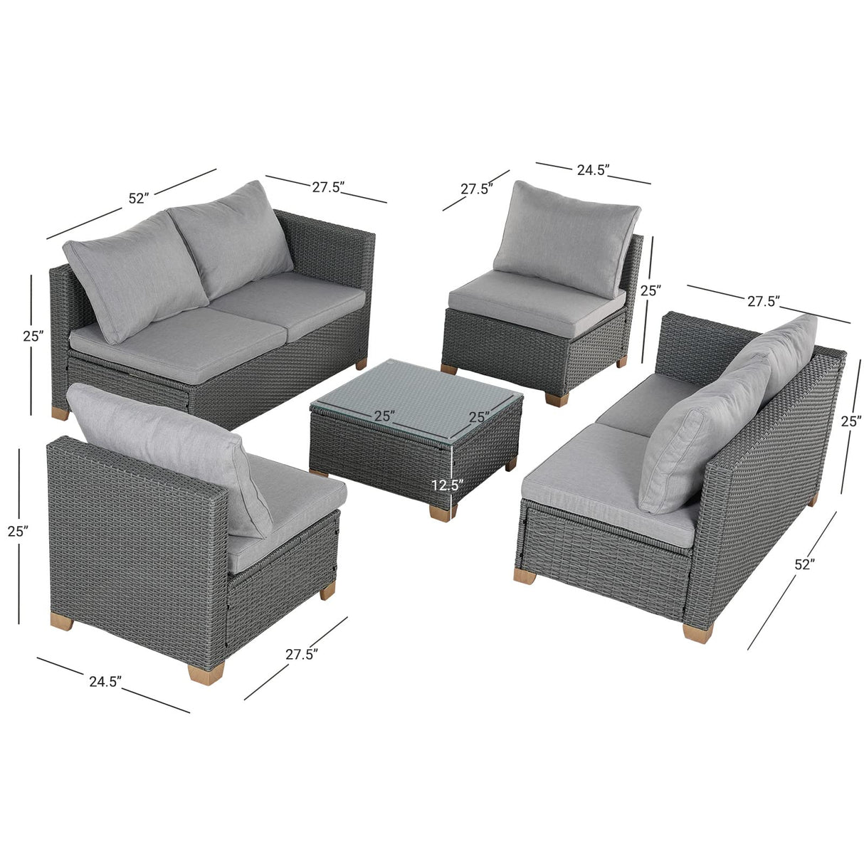 6 Seats Outdoor Conversation Sets with Olefin Cushions, Wicker Modular Sofa Sets with Coffee Table for Backyard Garden Poolside Light Gray