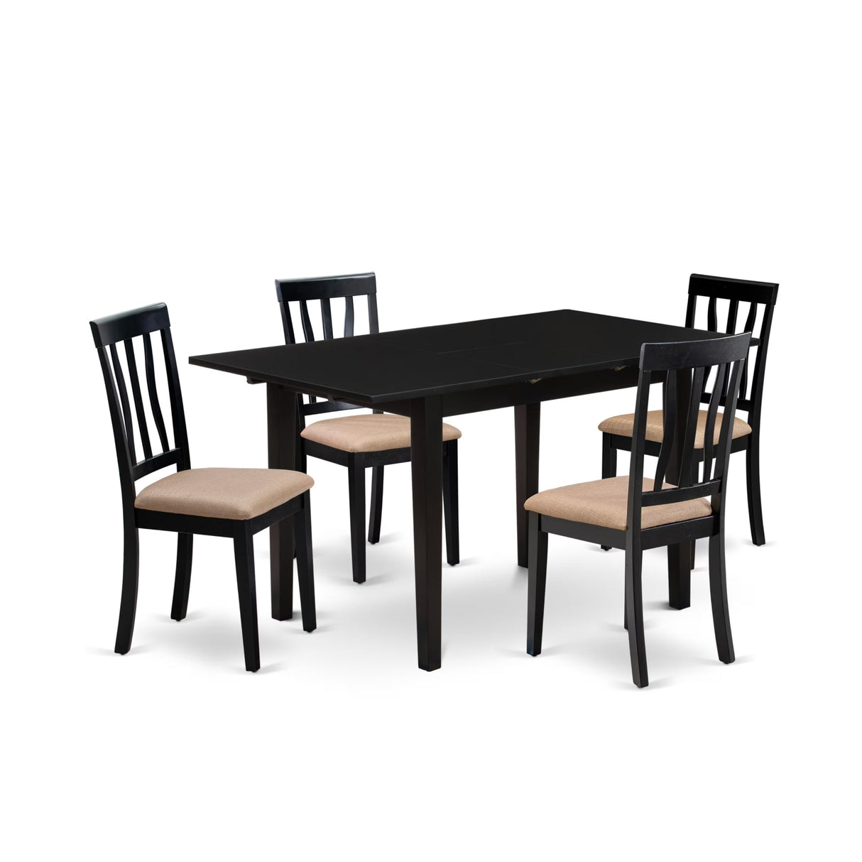East West Furniture NOAN5-BLK-C 5 Piece Dining Table Set for 4 Includes a Rectangle Kitchen Table with Butterfly Leaf and 4 Linen Fabric Upholstered Chairs, 32x54 Inch, Black