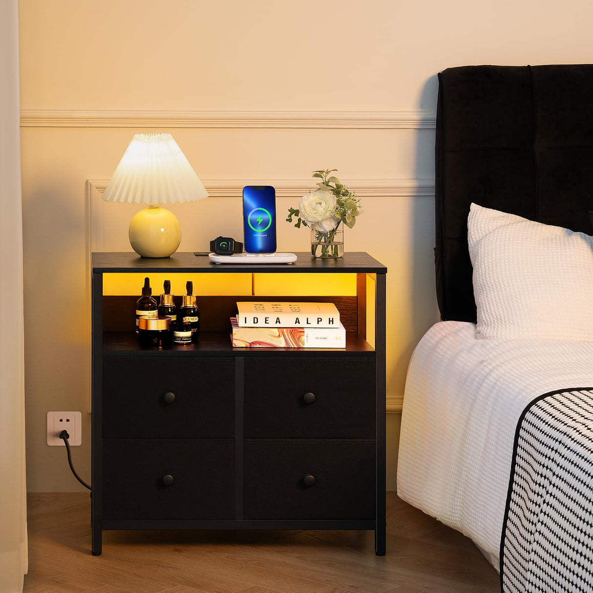 Night Stand with Charge Station, Nightstand with 4 Drawers Bedside Table, LED Dresser
