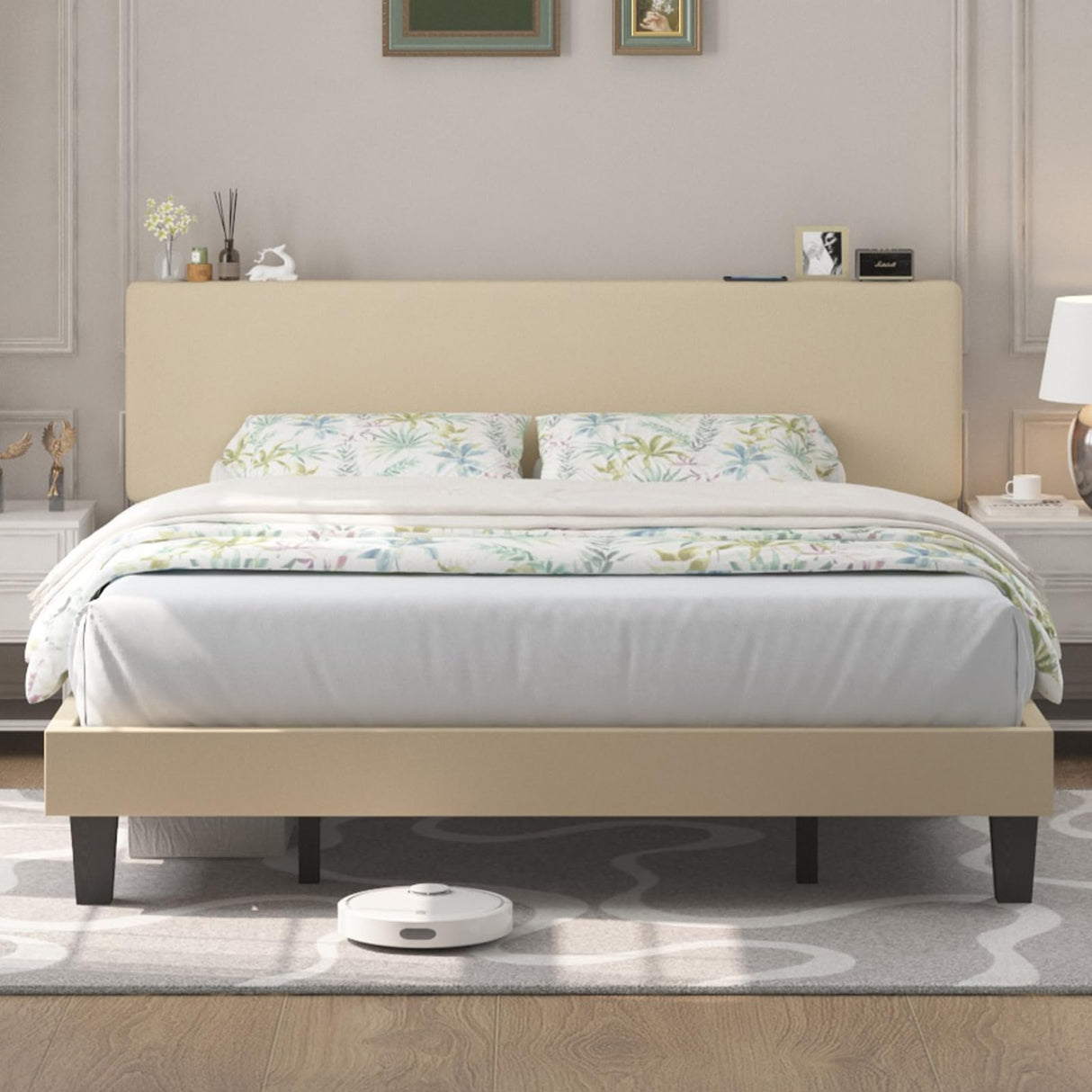 Queen Size Upholstered Bed Frame with Linen Fabric Adjustable Headboard