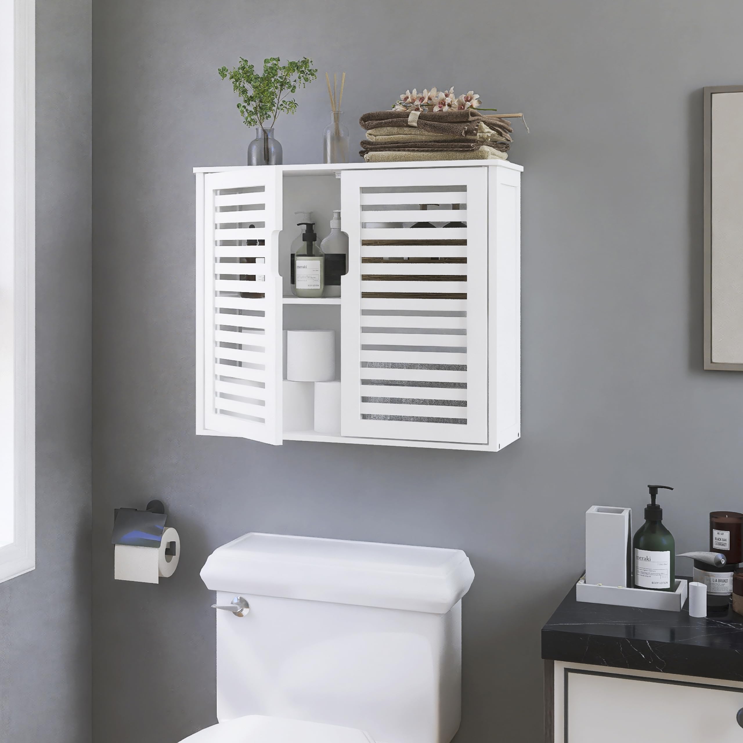 Bathroom Wall Cabinet, White Medicine Cabinet, Bamboo Hanging Storage Cupboard