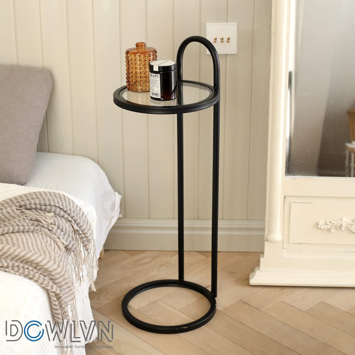 Black Glass Small Drink Snack Accent Martini Table, C Shaped Side End Table