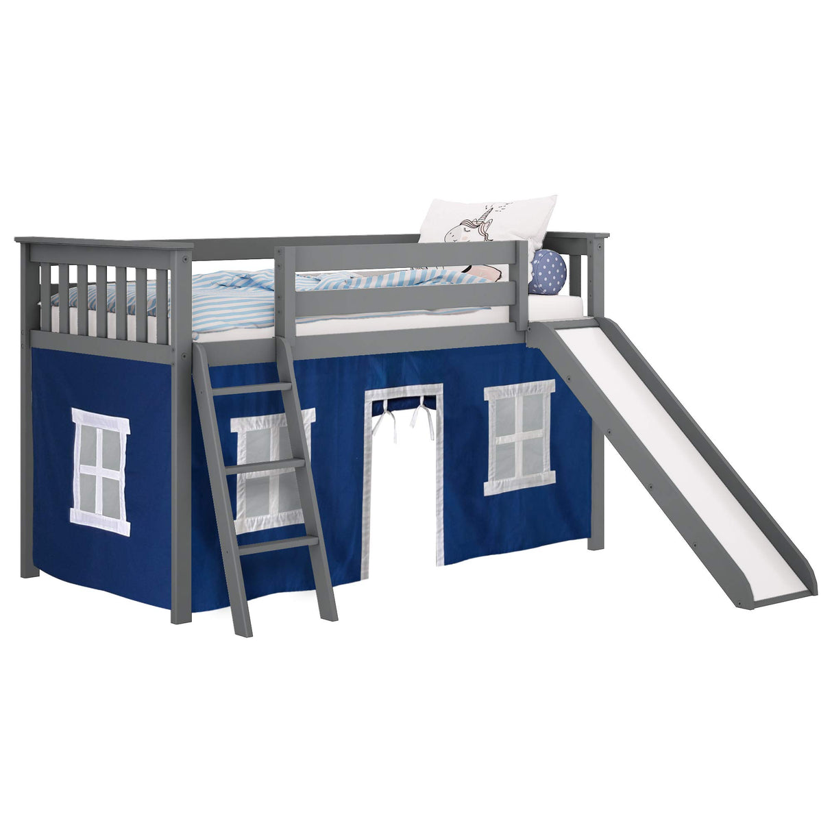 Low Loft Bed, Twin Bed Frame For Kids With Slide and Curtains For Bottom