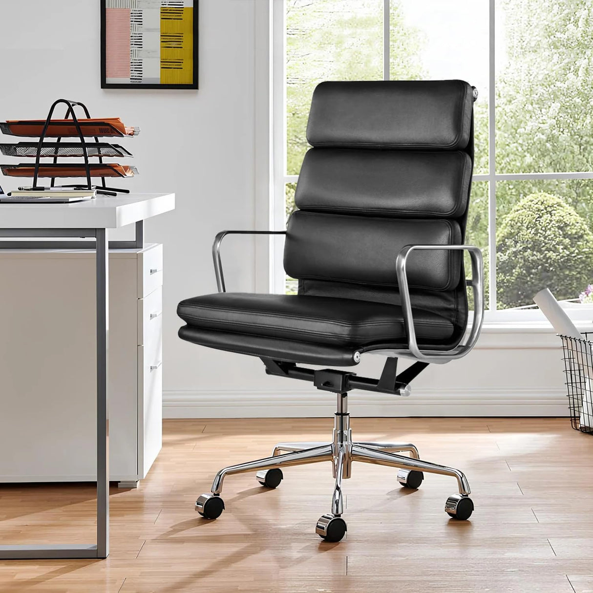 Leather Office Chair, Padded Executive Desk Chair with Arms and Wheels, Modern Rolling