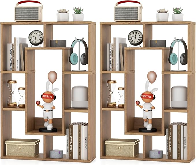 35.5” Geometric Bookshelf, Freestanding Wood Open Bookcase with 7 Cubes, Anti-Toppling Devices, Home Office Décor Rectangular Storage Shelf Display Rack for Study Living Room (1, Natural)