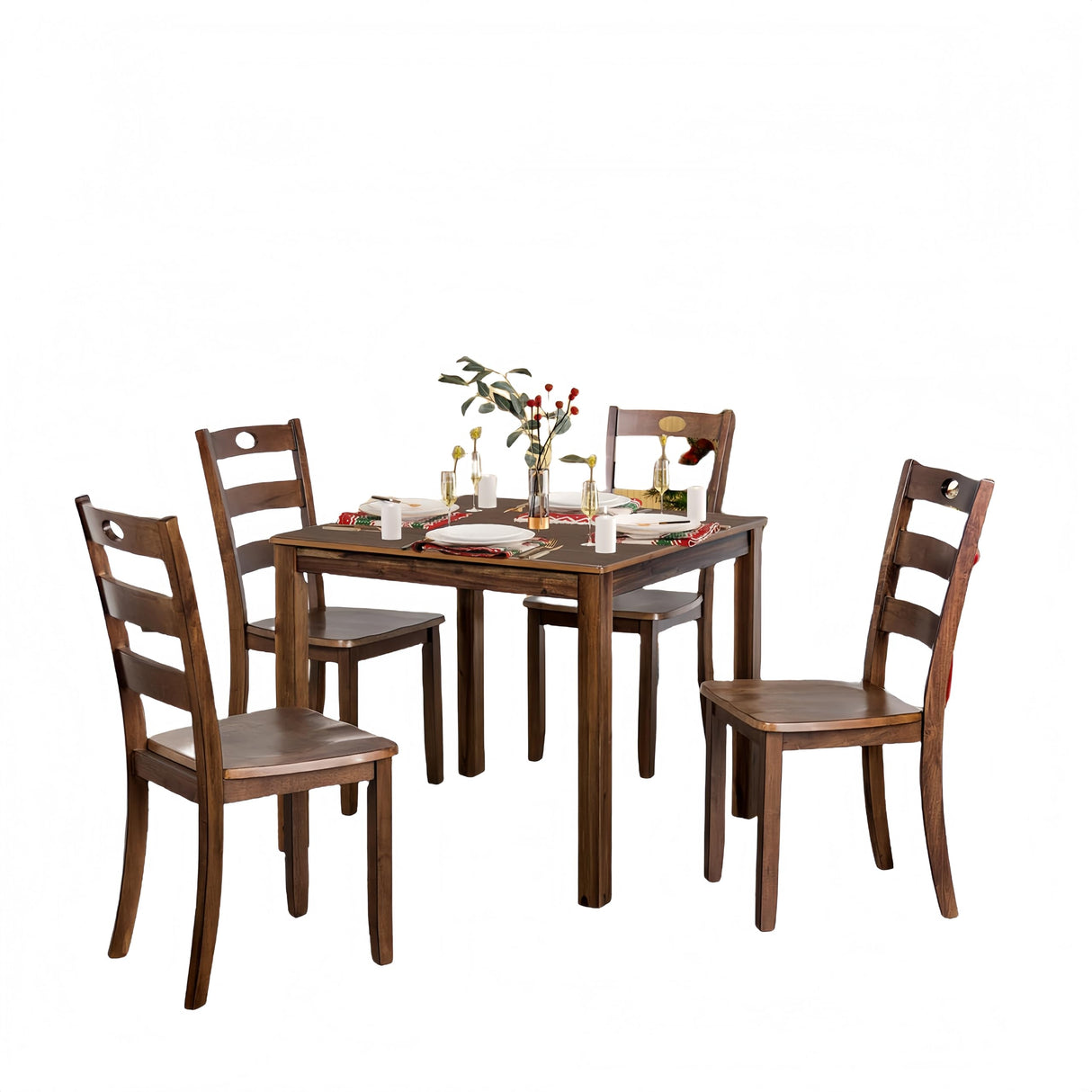 5-Piece Dining Table Set, Solid Rubber Wood Dining Room Table Set for 4, Modern Table