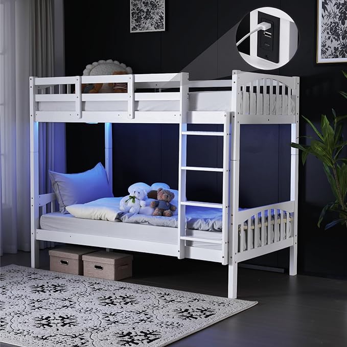 Bunk Bed Twin Over Full Size with LED Light/USB Port