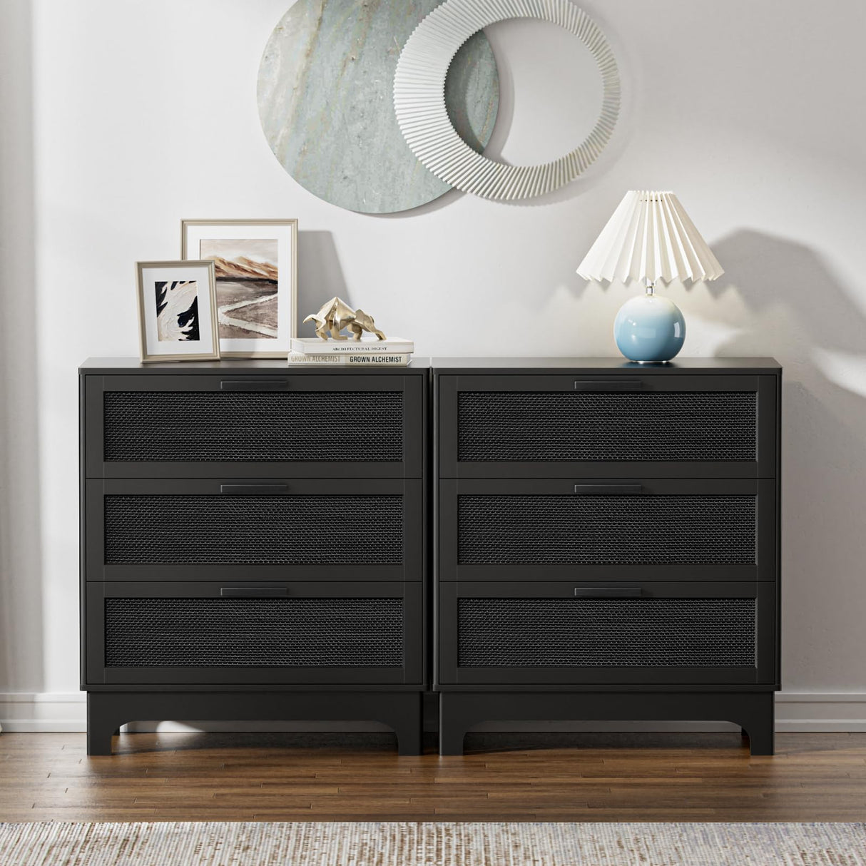 35" H Black Rattan Dresser, Farmhouse 3 Drawer Dresser