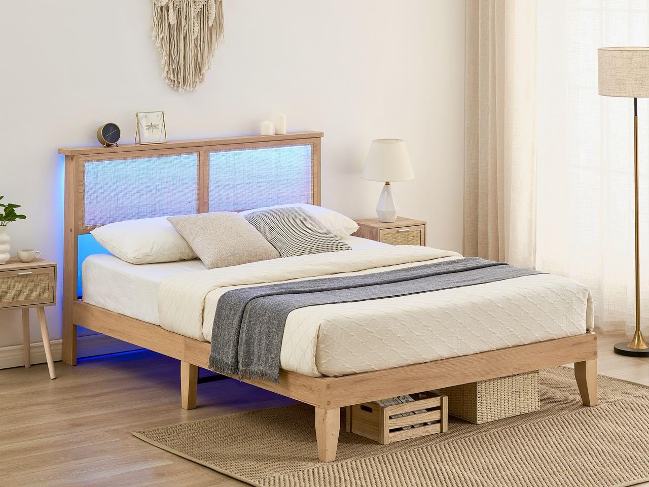 GarveeHome Rattan Bed Frame Queen, Natural Rattan Headboard Queen Bed Frame with Led Lights, Noise-Free Platform Bed Frame with Wooden Support Legs and Slats, Easy Assembly, No Box Spring Needed
