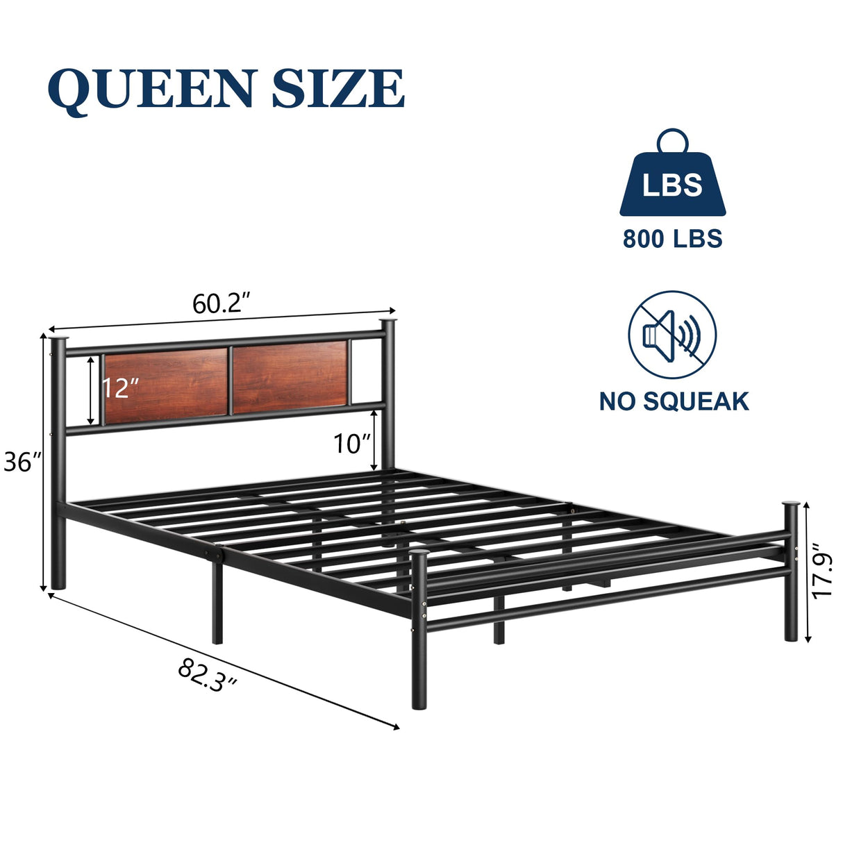 Queen Size Bed Frame with Wooden Headboard, Heavy Duty Platform Bed with 12 inches