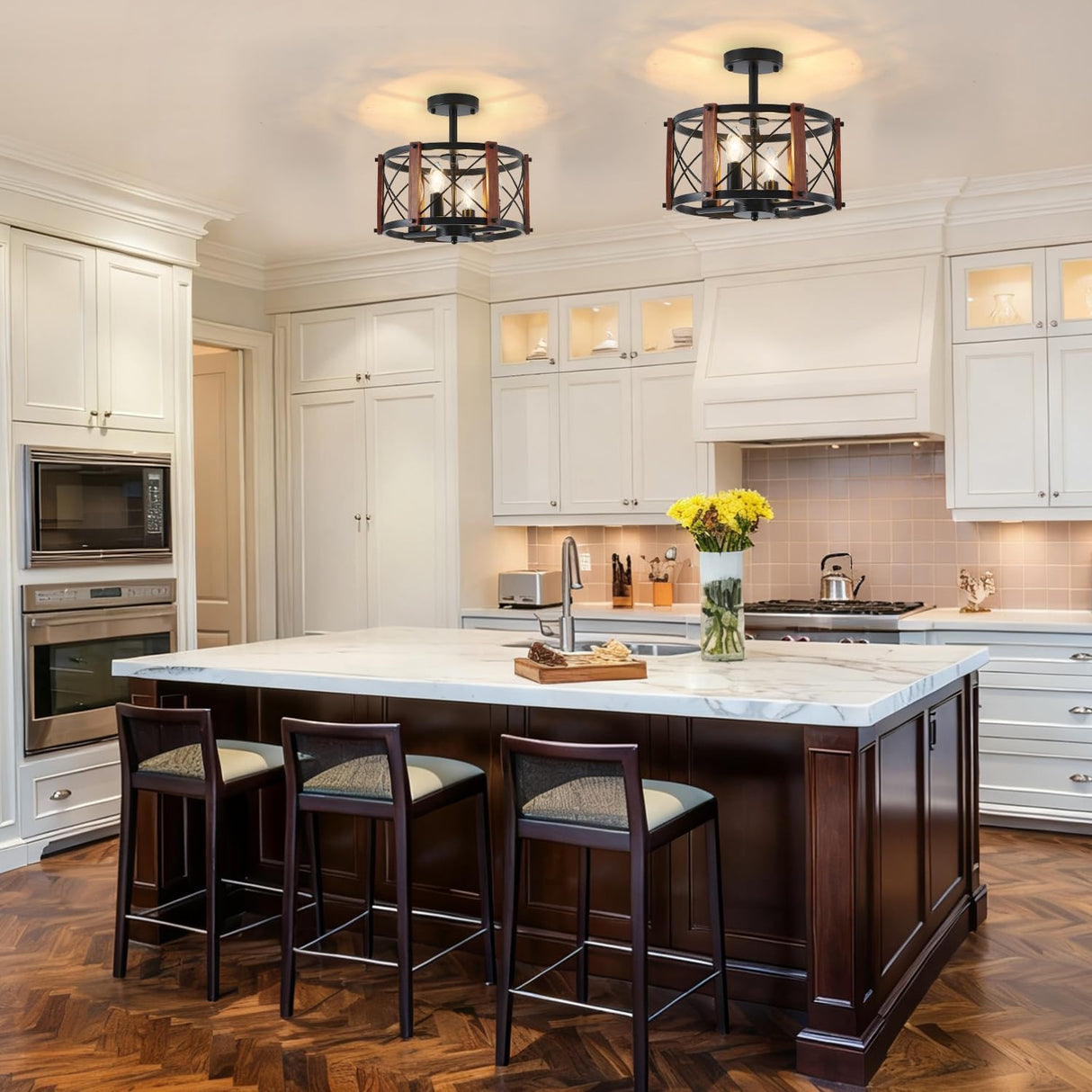 4-Light Farmhouse Wood Semi Flush Mount Ceiling Light