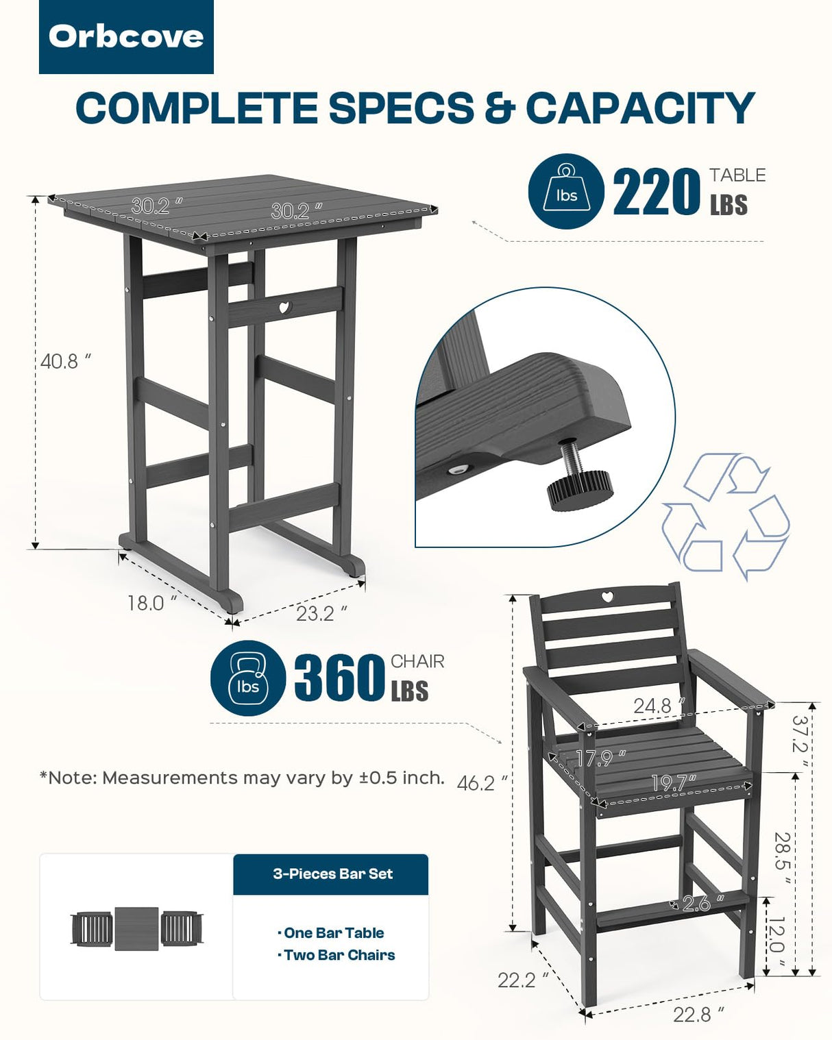 Orbcove 3-Piece Bar Height Patio Table and Chairs Set, HDPE Wood Grain Outdoor Bar Table and Chairs with Heart Cutout Design, Weather-Resistant Bar Height Furniture for Deck, Porch, Pool (Grey)