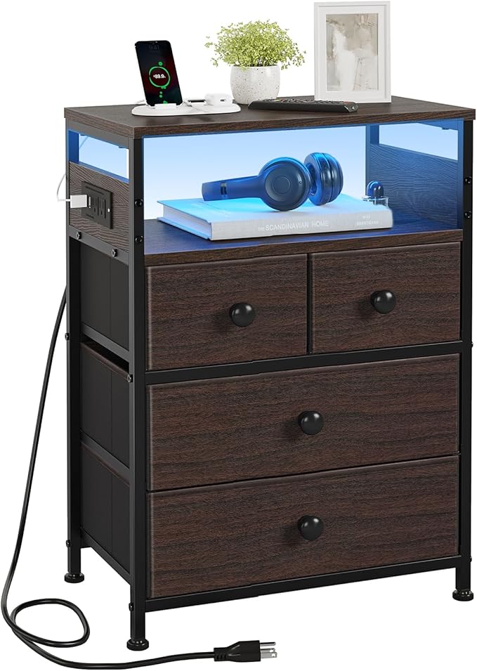 Nightstand with Charging Station, Bedside Table with 4 Drawers and 2-Tier Shelf, Modern