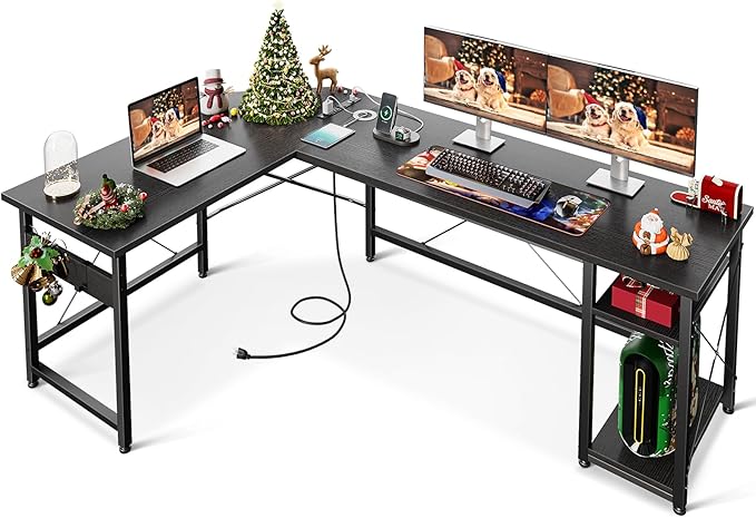 L Shaped Computer Desk 59" with Storage Shelves, Corner Gaming Desk