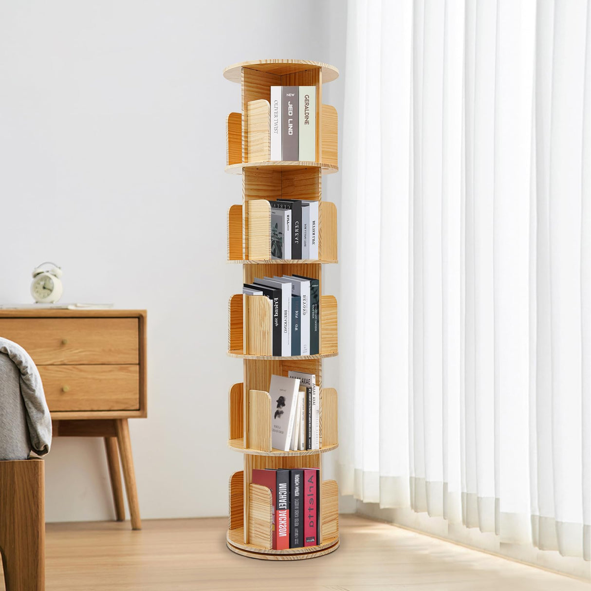 Wood Rotating Bookcase, Floor Standing Cylindrical Book Storage with Baffles Rack, 360