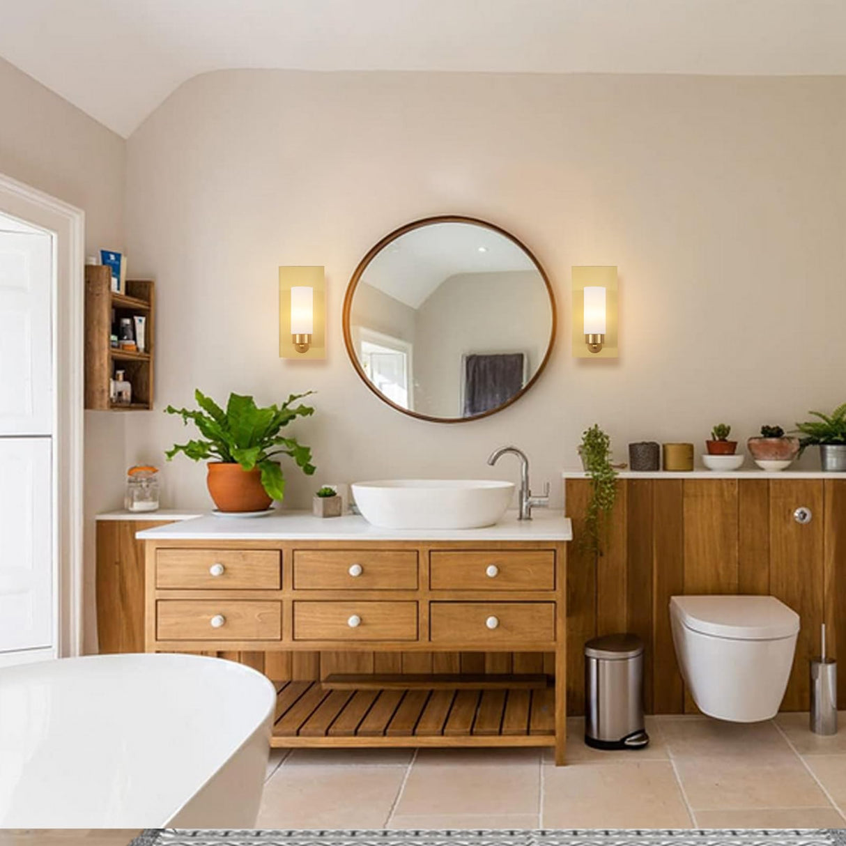 Brushed Brass Gold Wall Sconces Set of Two Modern Mid Century Bathroom Vanity Light