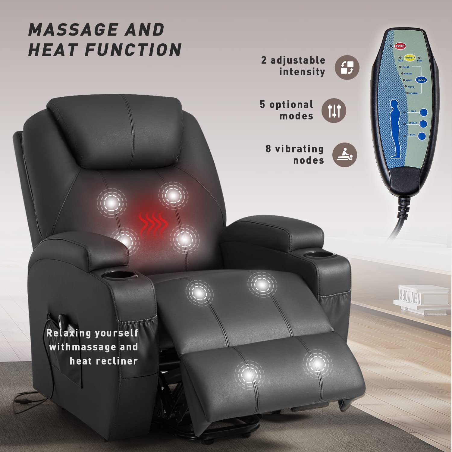 Power Lift Recliner Chair with Massage and Heating Functions, PU Leather Sofa