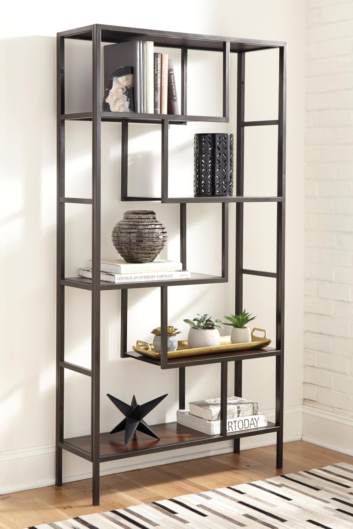 Frankwell Industrial Geometric 5 Shelf Bookcase, Brown and Black