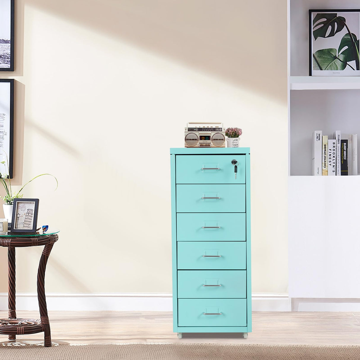 6 Drawers Vertical Metal Filing Cabinet, Mobile File Cabinet with Lock, Rolling File