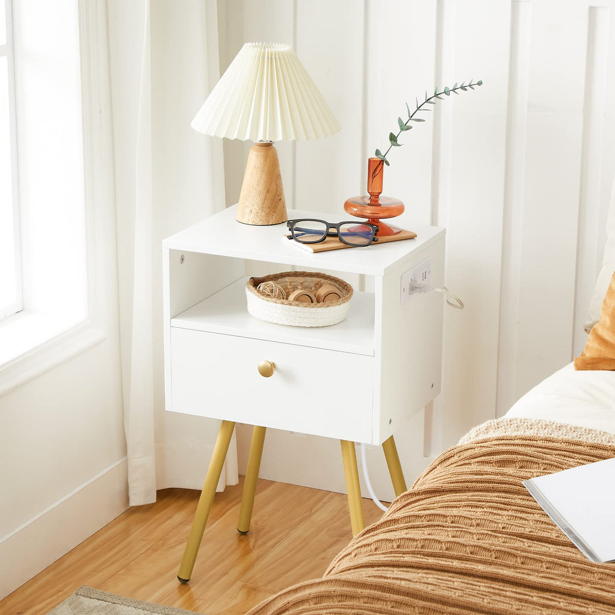 Nightstand with Charging Station, Tall End Table, Side Table