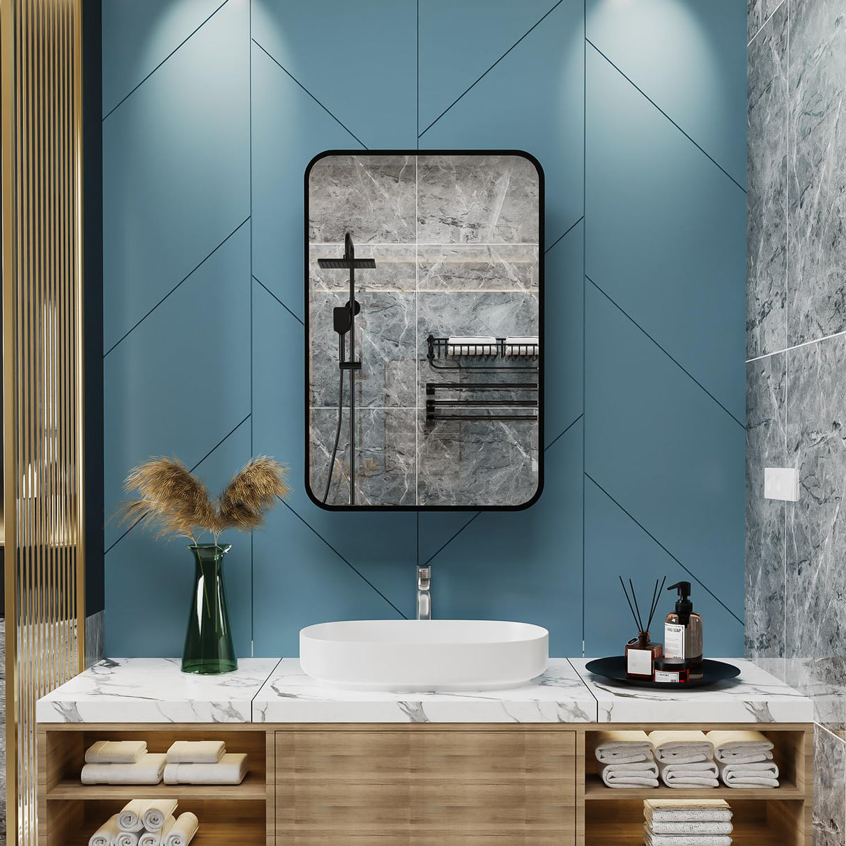 Black Recessed Bathroom Medicine Cabinet with Mirror