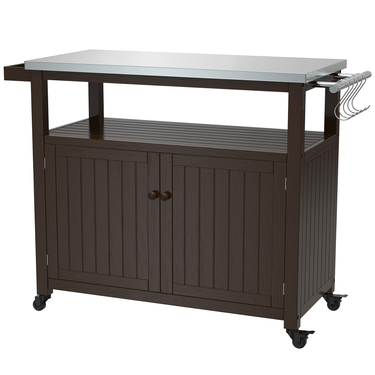 Outdoor Storage Cabinet Solid Wood Prep Grill Table with Stainless Steel Top Waterproof