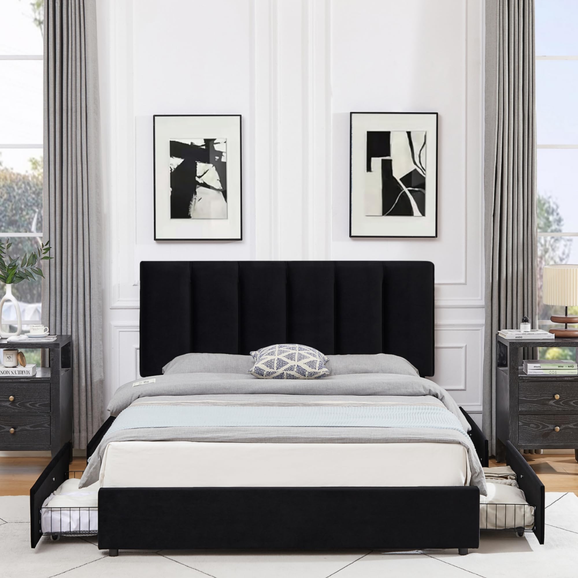 Queen Upholstered Bed Frame with 4 Storage Drawers and Adjustable Velvet Headboard