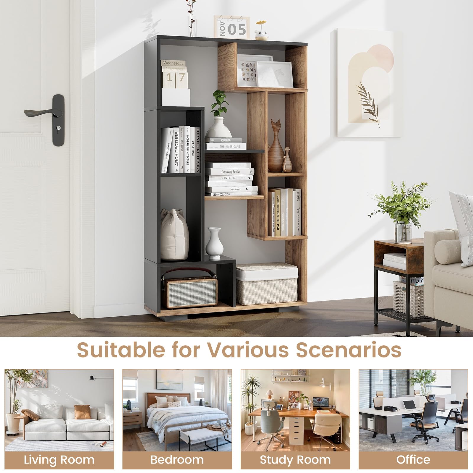 Tangkula Geometric Bookshelf, 47 Inch Tall Bookcase with Multiple Open Shelves, Anti-Tipping Devices, Freestanding 9 Cubes Bookshelf Storage Display for Living Room Study Office (Black, 47")