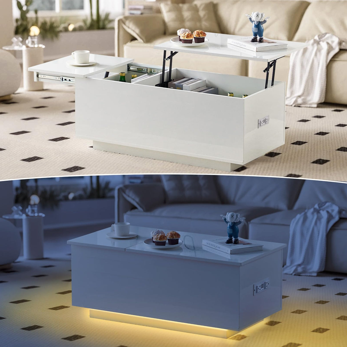 Lift Top Coffee Table with LED Light, Modern High-Glossy Coffee Table
