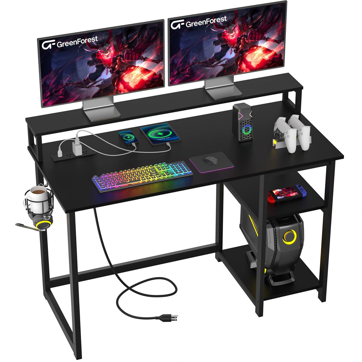 47 inch Gaming Desk with Power Outlets, Small Home Office Desk with Ergonomic Monitor Stand