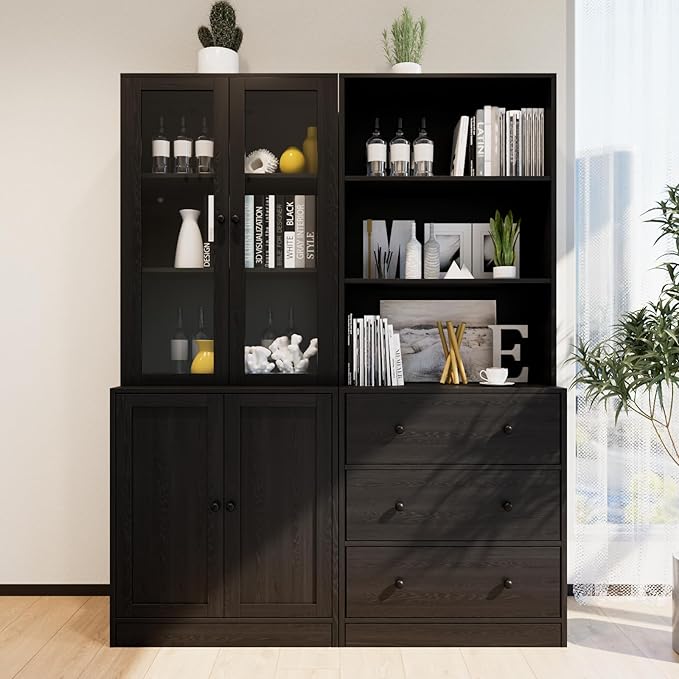 Bookshelf Bookcase, 3-Tier Modern Bookshelves 3 Large Drawer, Wood Filing Cabinet with Open Storage Shelf, Glass Doors 5-Tier Fixed Storage Shelves for Home Office