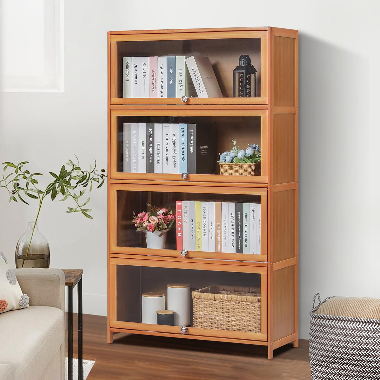 Bamboo 4-Tier Display Case Bookcase with Clear Acrylic Flip-Up Doors