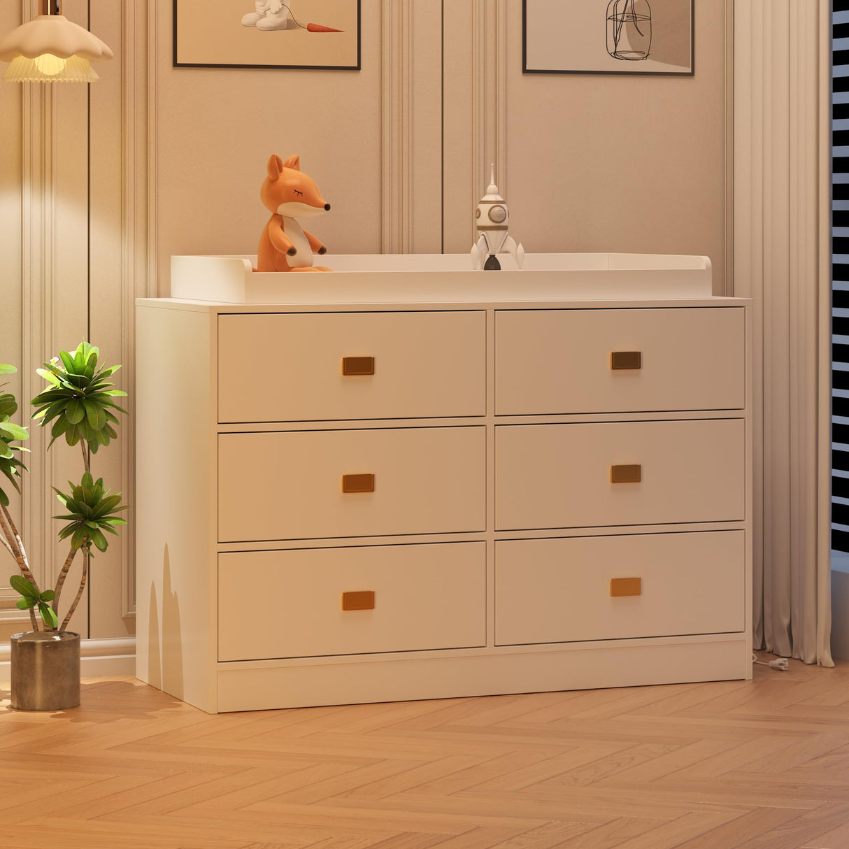 Dresser for Bedroom with 6 Drawers, Wide Chest of Drawers with Changing Table Top